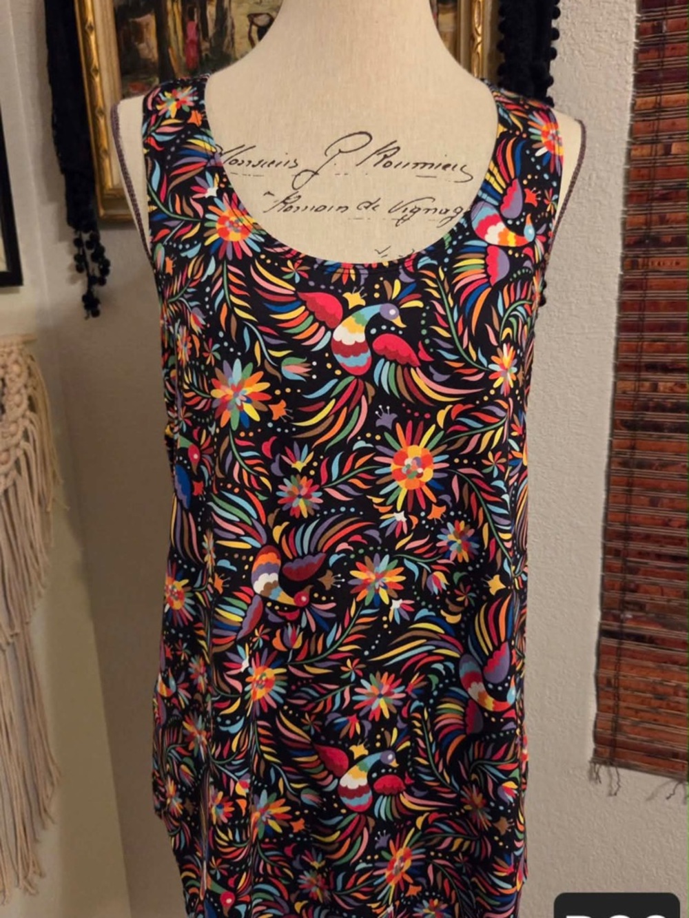 Democracy Black Tank Top with Bright Floral & Bird Print